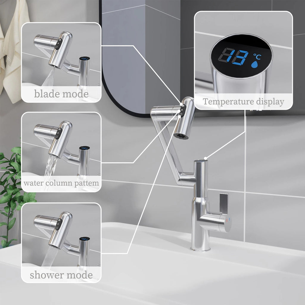 Chrome Bathroom Sink Faucet With Spray Function And Temperature Display For Anti