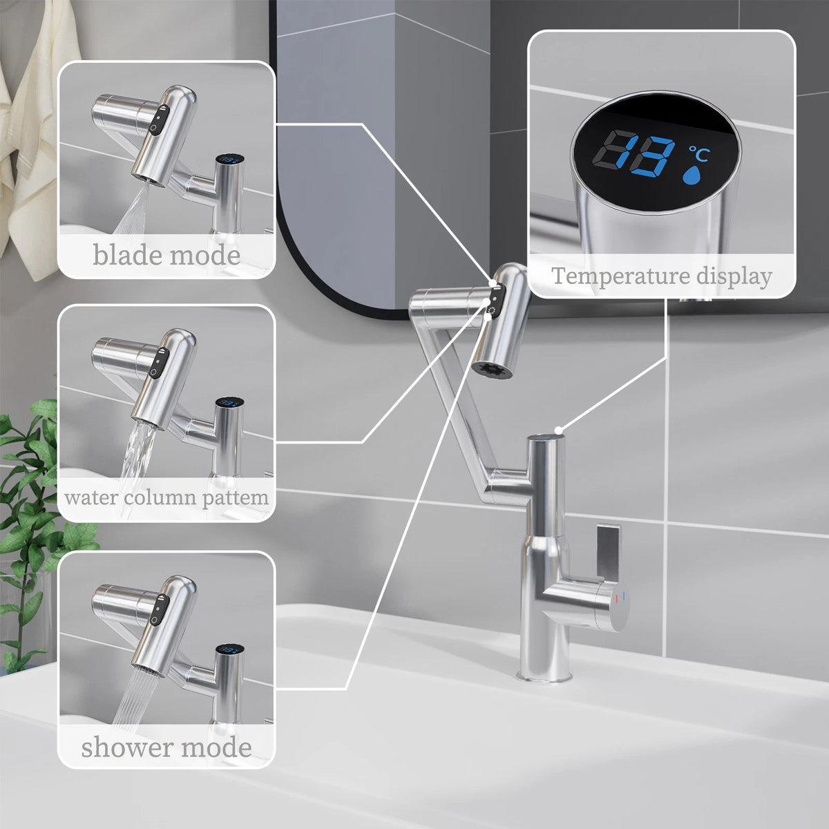 Chrome Bathroom Sink Faucet With Spray Function And Temperature Display For Anti