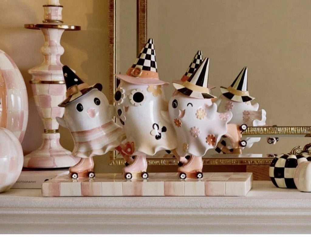 MacKenzie-Childs Hocus Pocus Ghost Trio Figurine, Rosy Check. New In Box