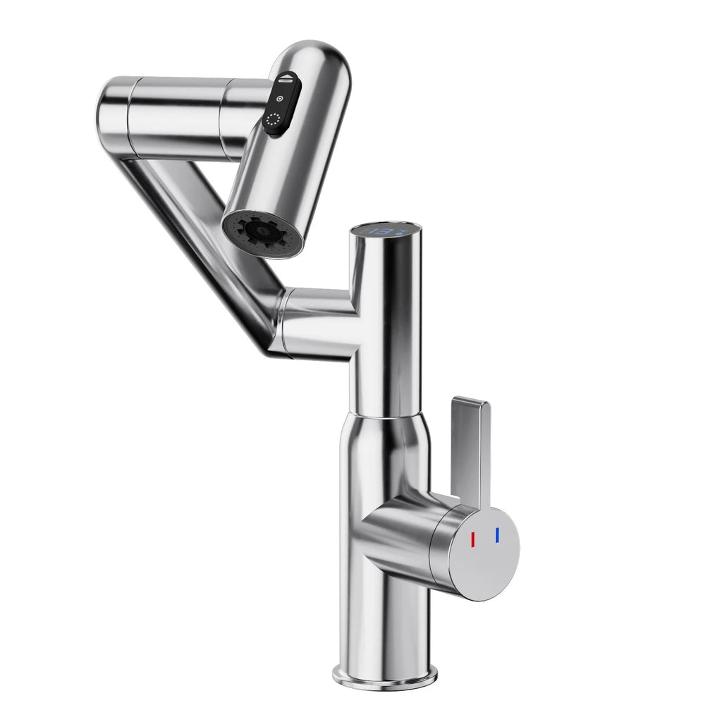 Chrome Bathroom Sink Faucet With Spray Function And Temperature Display For Anti
